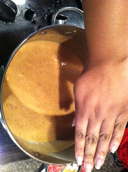 This roux is a medium brown color. To accomplish this, I cooked roux for almost an hour on low, mixing very often. 