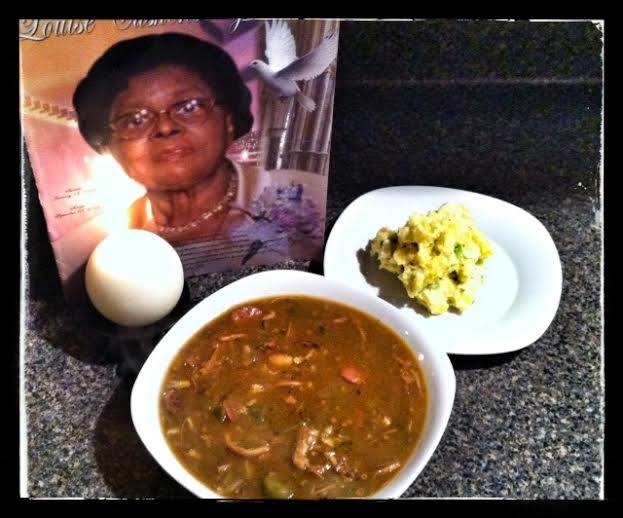 Mother White's Gumbo with Potato Salad.  Rest in Peace Mother, knowing that your cooking style will live on and bless friends, family and most of all strangers!